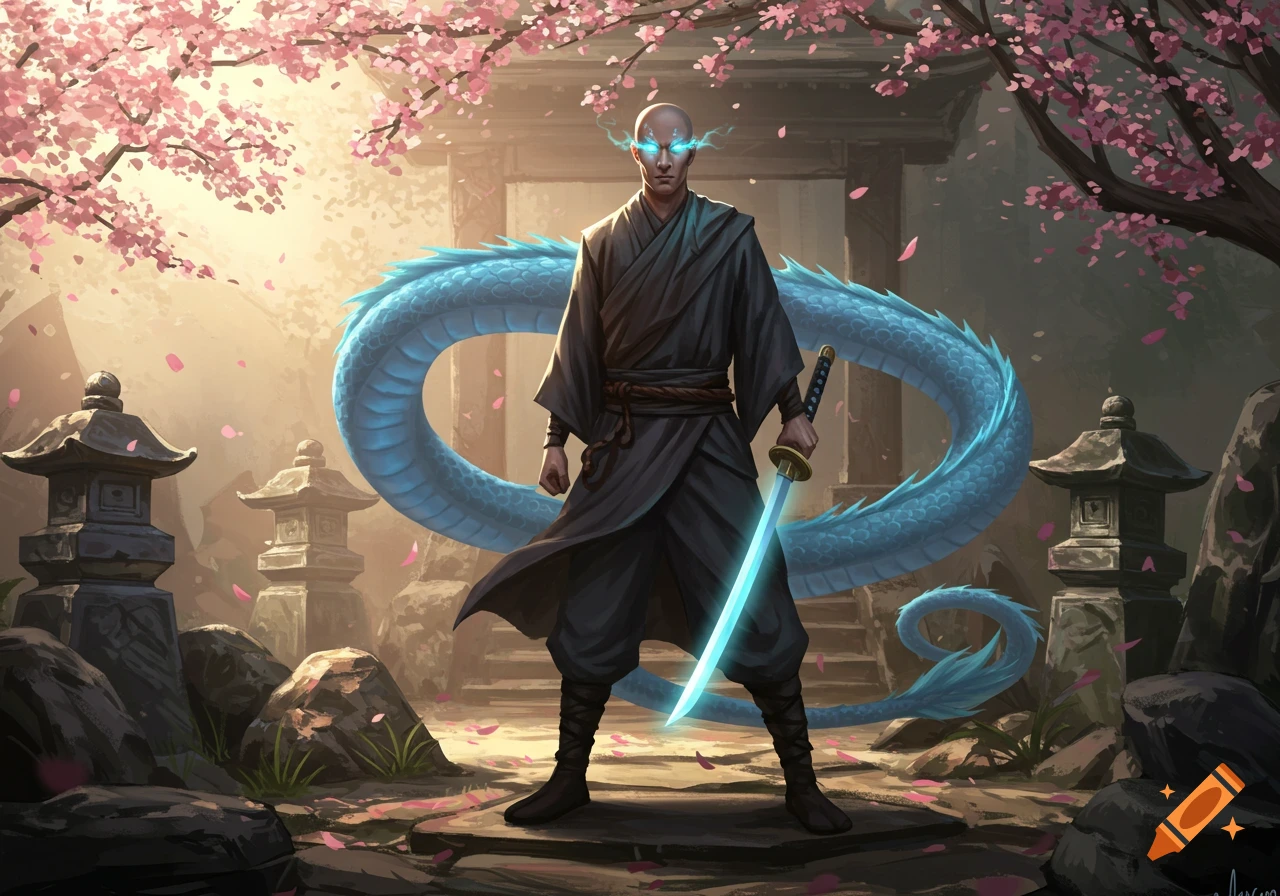 A bald monk with glowing blue eyes and a glowing blue sword stands in a Japanese temple garden, a blue dragon tail coiling behind him, with cherry blossoms overhead.