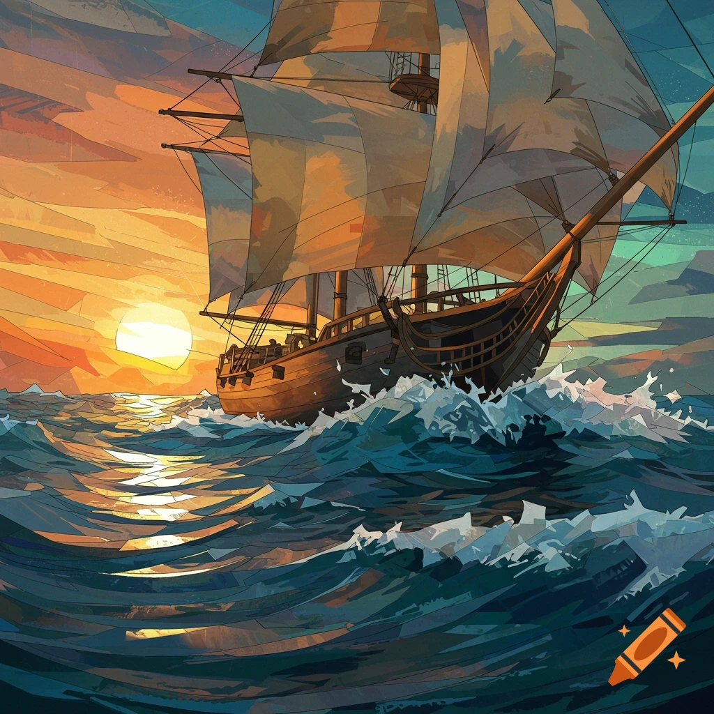 A sailing ship on choppy blue waves against an orange sunset sky, rendered in a colorful Cubist art style.