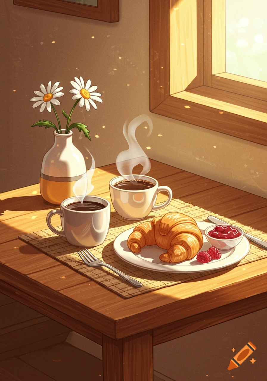 A warm, sunlit breakfast scene with two cups of coffee, a croissant, raspberries, jam, and daisies in a vase on a wooden table, in an anime illustration style.