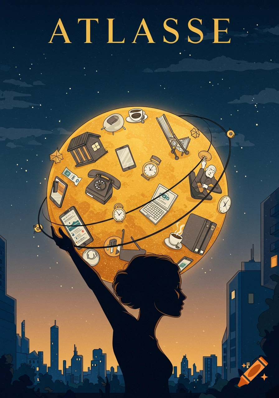 A stylized illustration of a woman's silhouette holding a glowing sphere filled with modern icons above a city skyline at dusk.