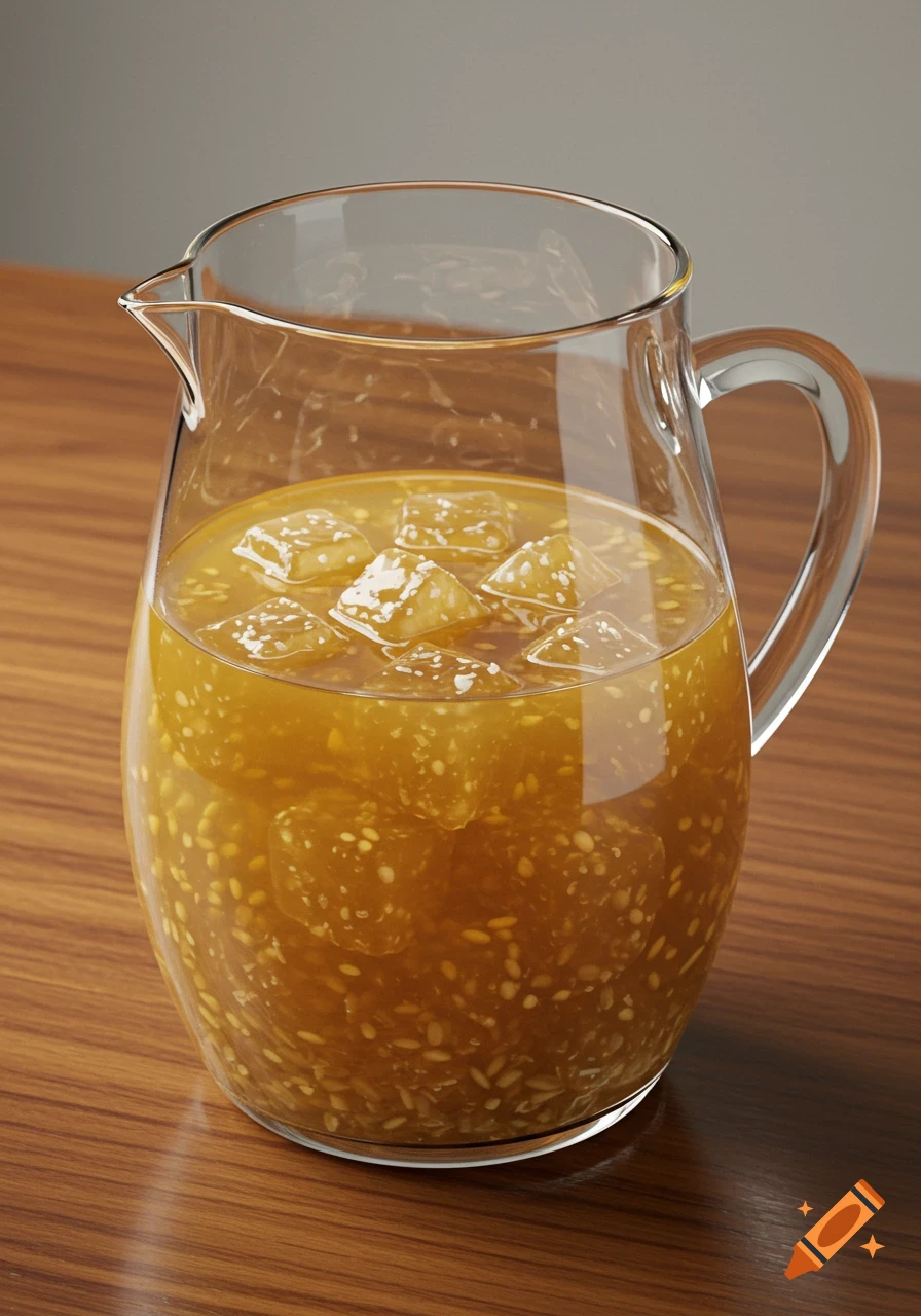 A glass pitcher filled with golden sikhye, square coconut pearls, and rice grains, sitting on a wooden table.