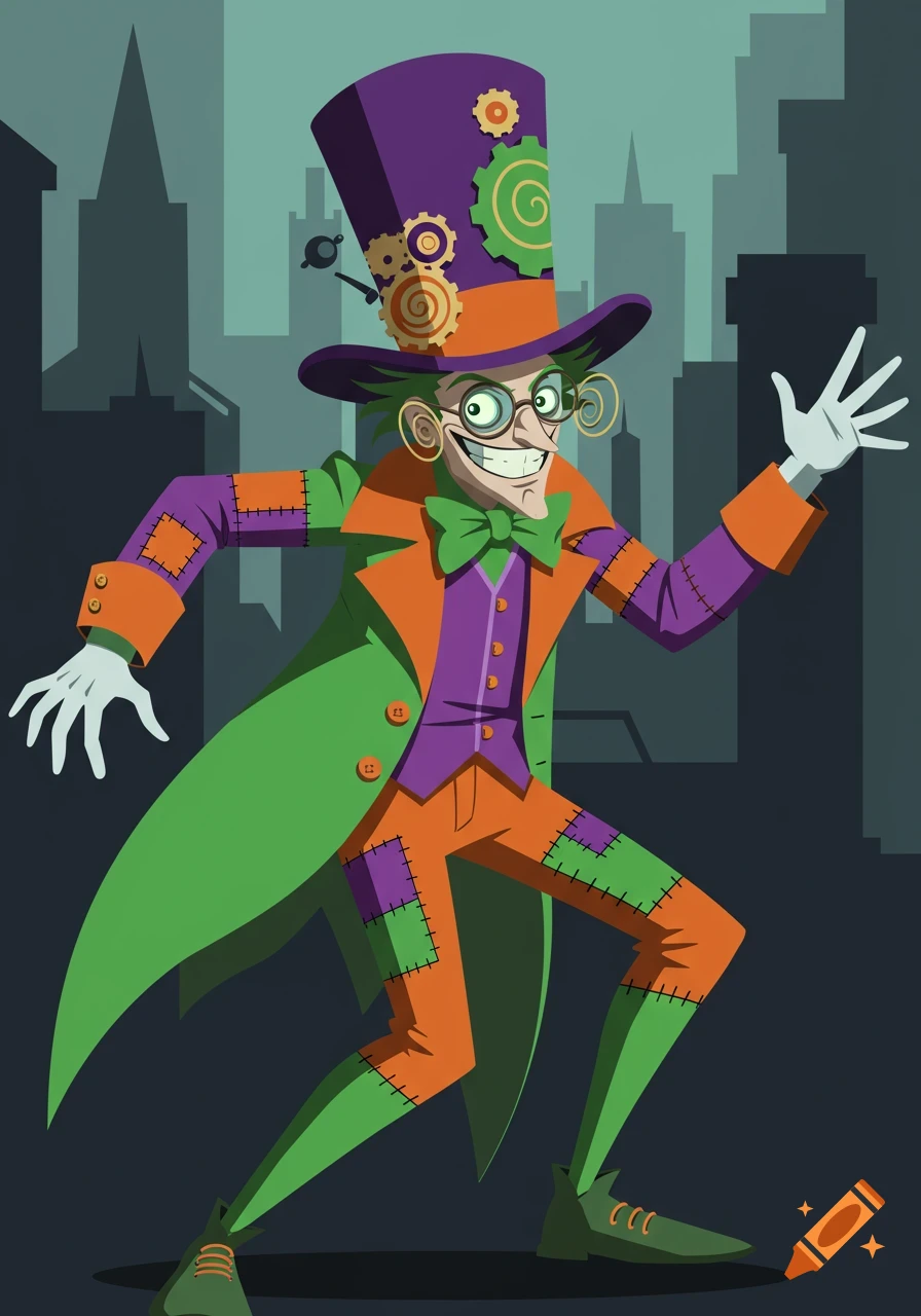 A cartoon villain with green hair and a wide grin, wearing a purple top hat with gears, a green coat, and patchwork orange and purple clothes, against a city silhouette.