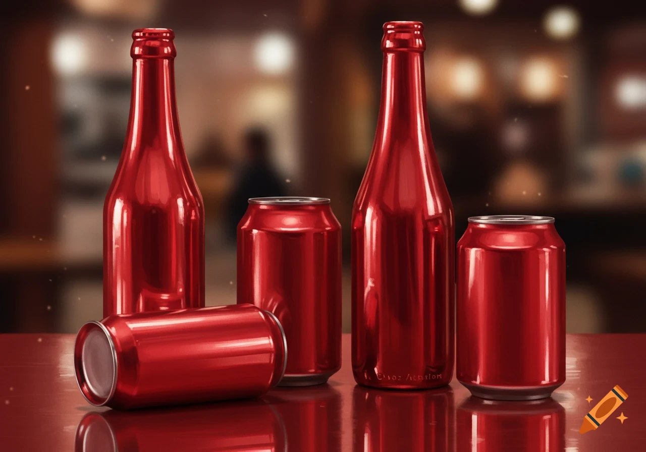 A photorealistic still life featuring various red, reflective bottles and cans on a matching surface with a blurred background.