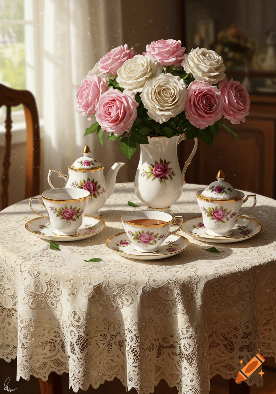 A white tea set with floral patterns on a lace tablecloth, beside a vase filled with pink and white roses in soft sunlight.