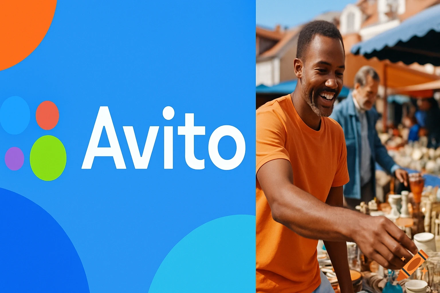 A split image with the Avito logo on a blue background and a smiling man at a vibrant outdoor market.
