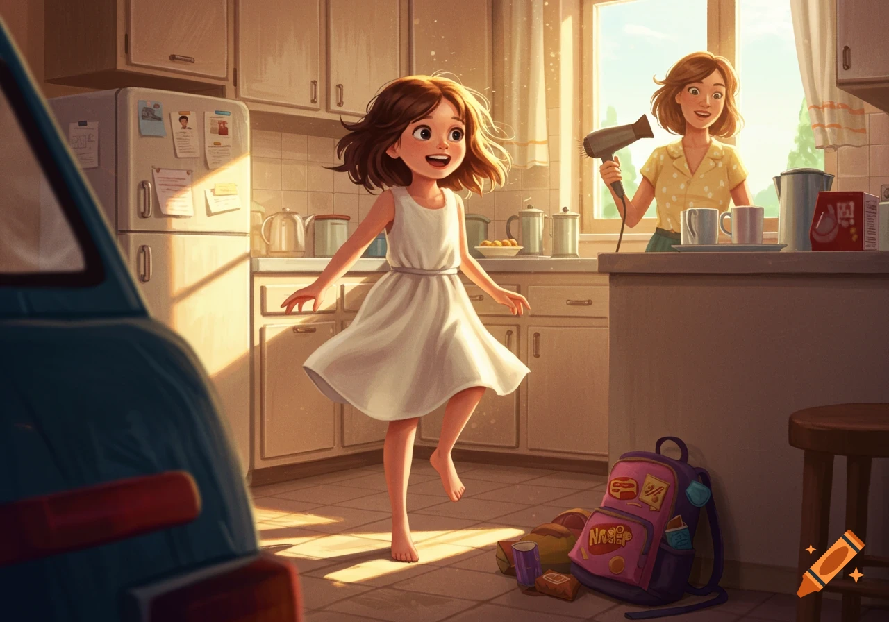 A smiling cartoon girl in a white dress dances barefoot in a sunny kitchen, as her mother holds a blow dryer. A pink backpack is on the floor.