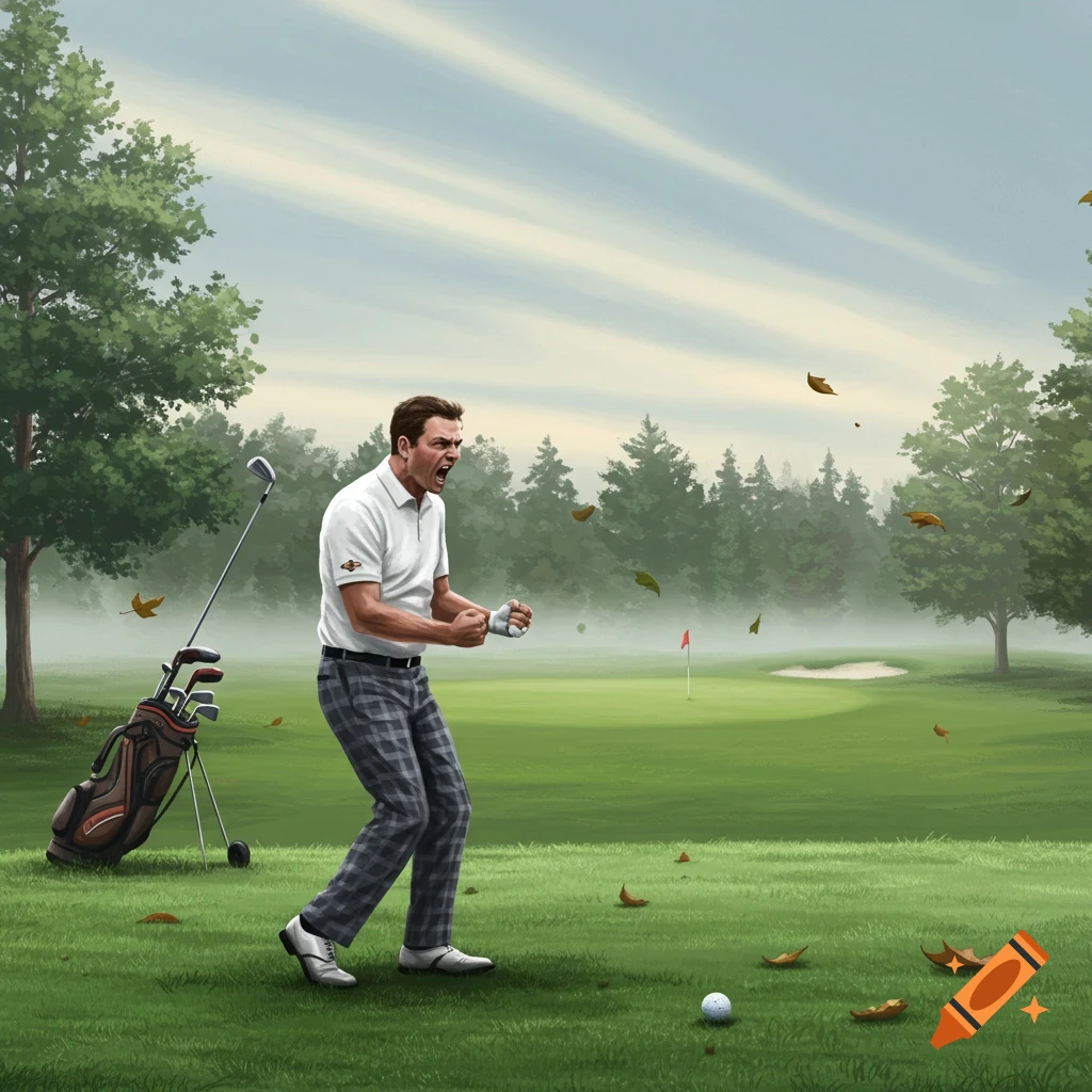 An angry male golfer in plaid pants and a white polo shirt stands on a windy golf course, leaves blowing around him.
