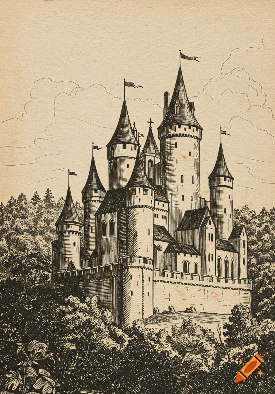 An intricate engraving of a medieval castle with multiple towers and flags, nestled within a dense forest under a cloudy sky.