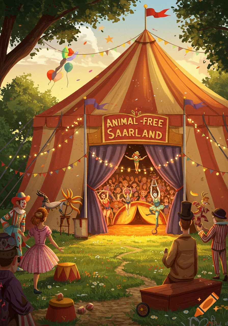A whimsical illustration of a lively animal-free circus, with a big top tent and performers entertaining a joyful audience.