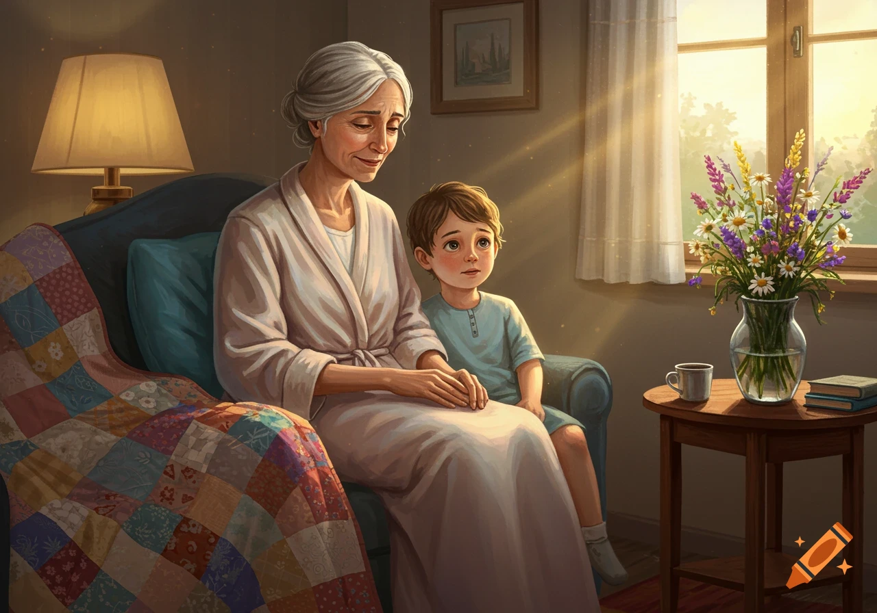 A warm, serene scene showing an elderly woman in a robe sitting with a young boy on a couch, bathed in sunlight. A colorful quilt is draped over the couch, and a vase of wildflowers sits on a nearby table.