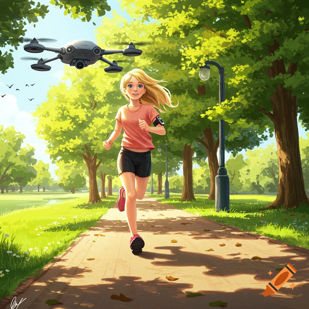 Blond anime girl running on a park path, smiling, with a grey drone flying above her under a sunny sky.