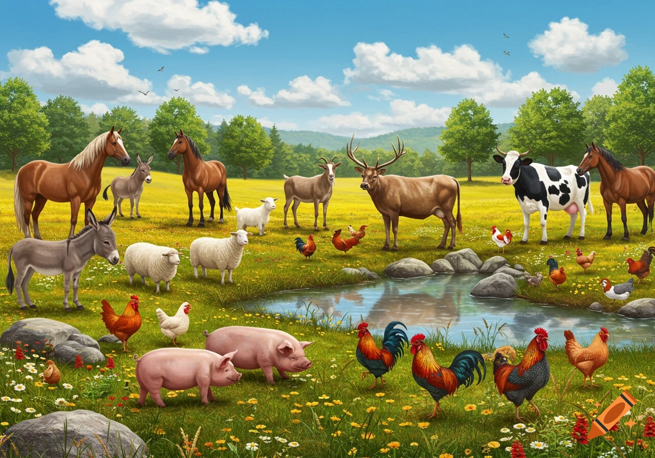A vibrant illustration of various farm animals like horses, donkeys, pigs, cows, sheep, chickens, goats, and a deer, in a sunny green field with a pond and trees.