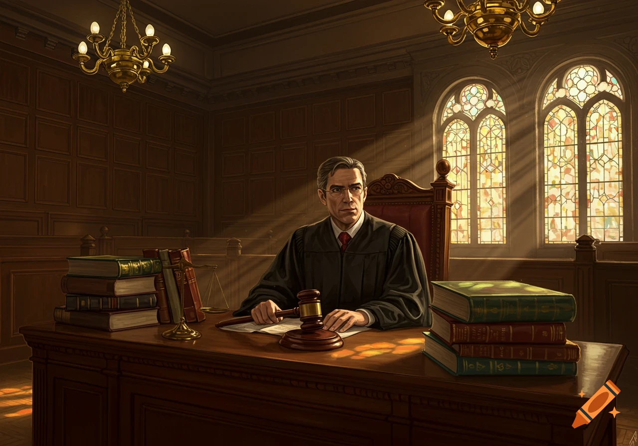 An illustrated image of a male judge in a black robe, seated at a wooden desk with legal books and a gavel, in a courtroom with stained-glass windows and sunbeams.