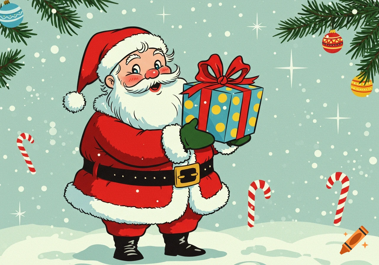 A 1960s style cartoon of Santa Claus holding a blue present with yellow polka dots, standing in snow with candy canes.