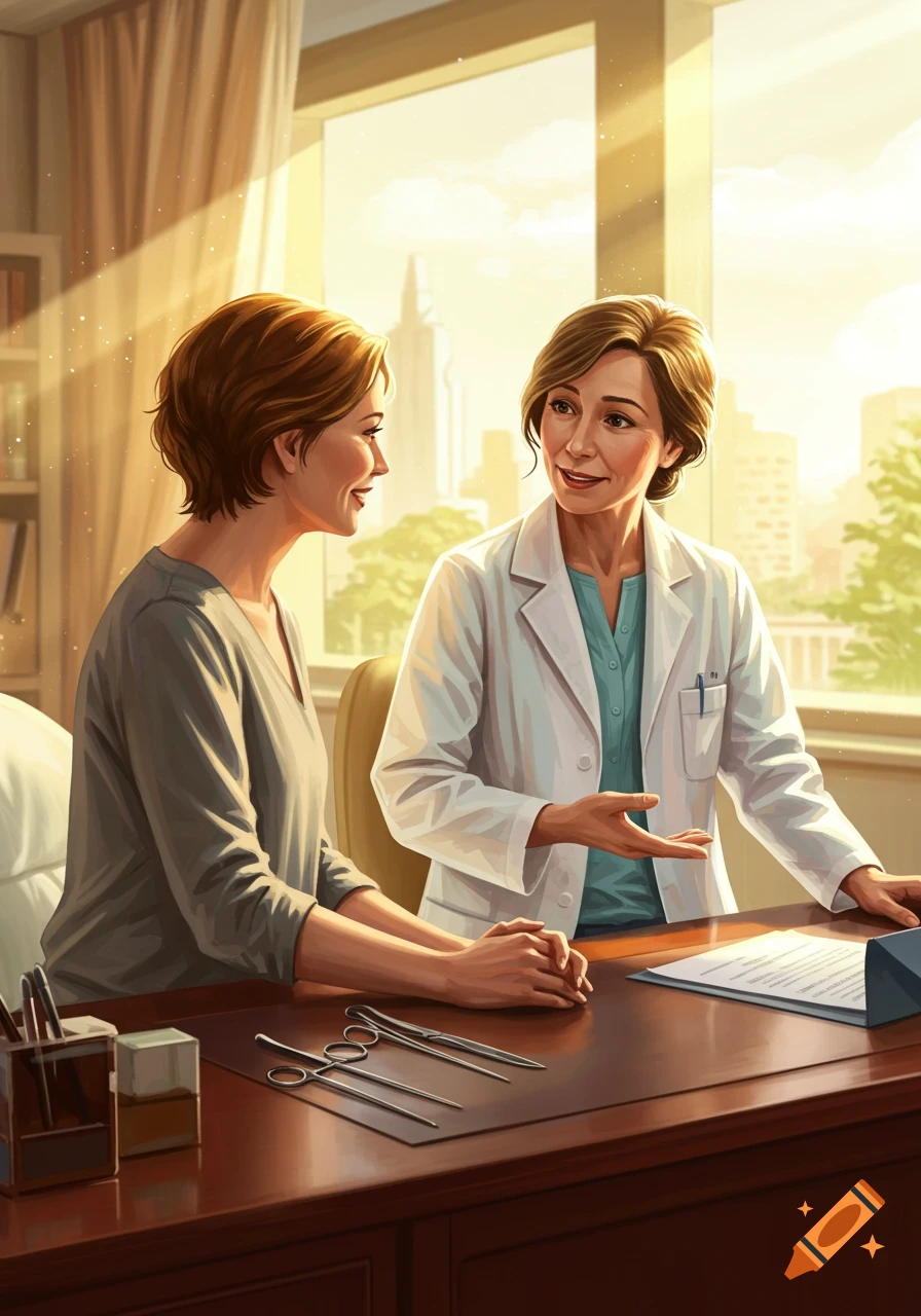 Illustration of a female doctor talking to a patient at a desk in a bright, sunny office.