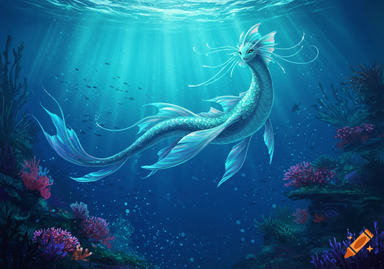 A vibrant fantasy aquatic creature with scales, fins, and tendrils ...
