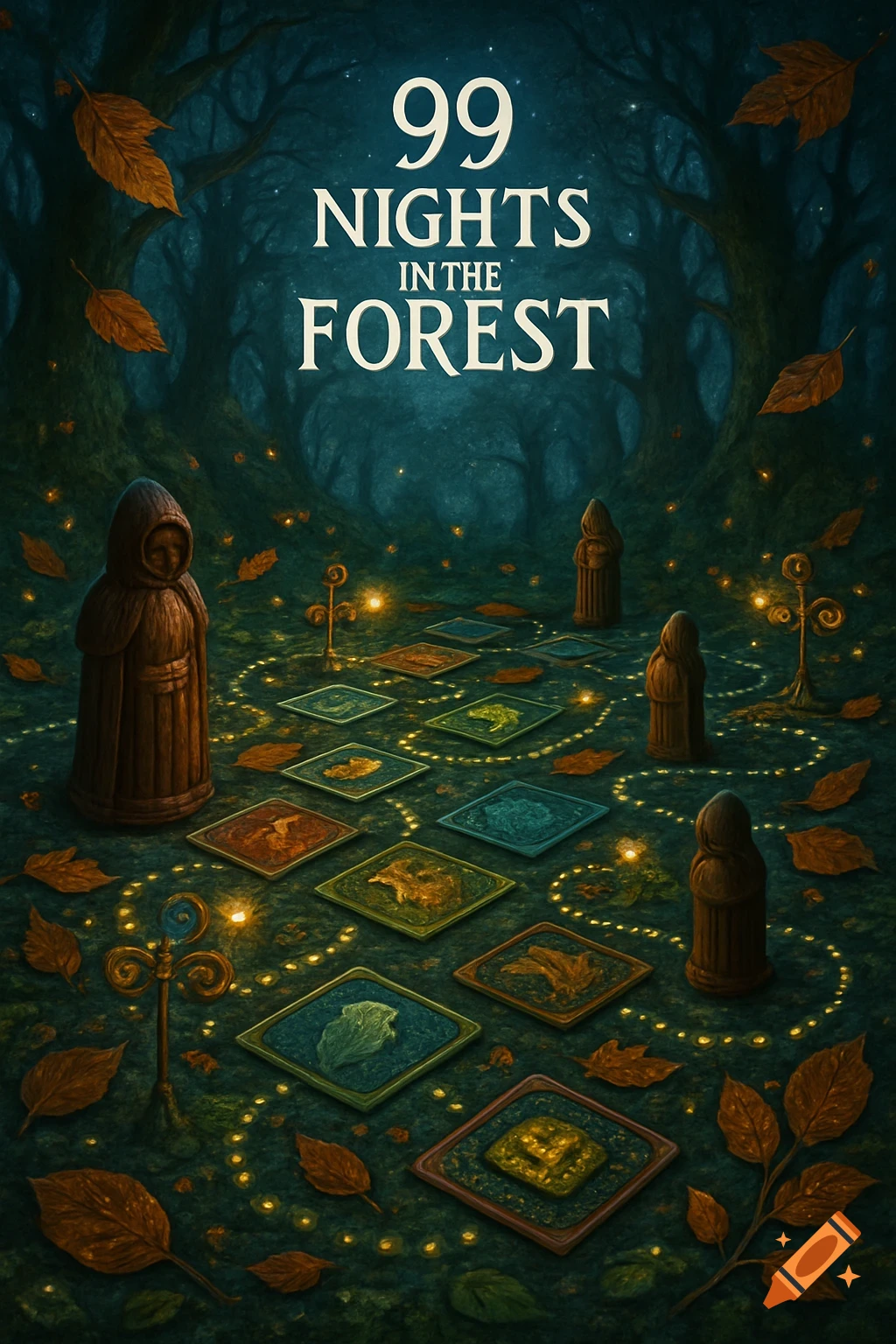 A fantasy board game titled '99 NIGHTS IN THE FOREST' with hooded figures, glowing path, and game tiles in a dark forest.