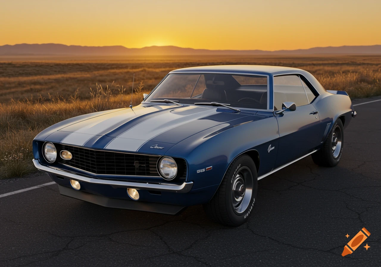 A photorealistic blue 1969 Camaro with white rally stripes on a road, with a field and sunset in the background.