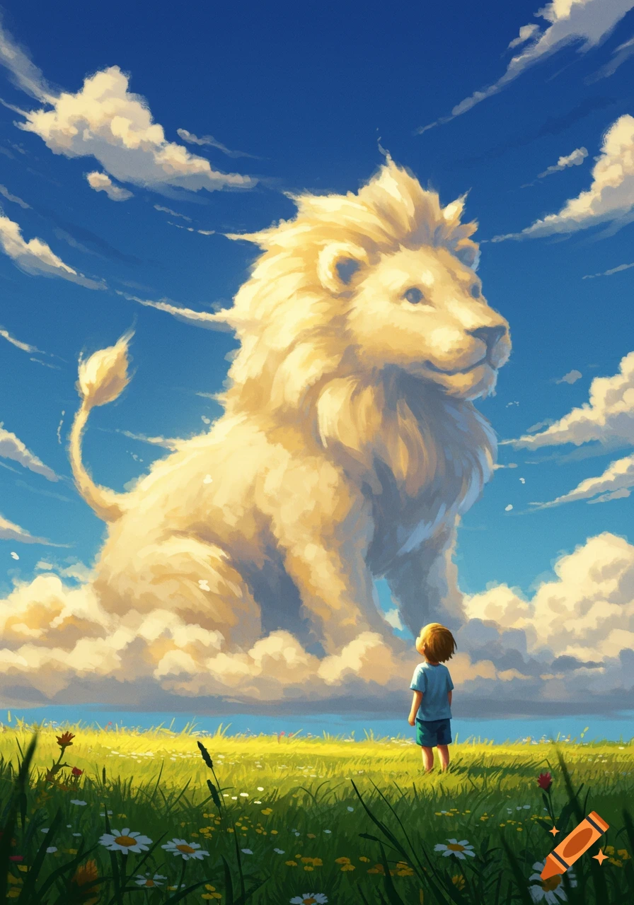 A child stands in a grassy field looking up at a giant, golden lion-shaped cloud against a bright blue sky.