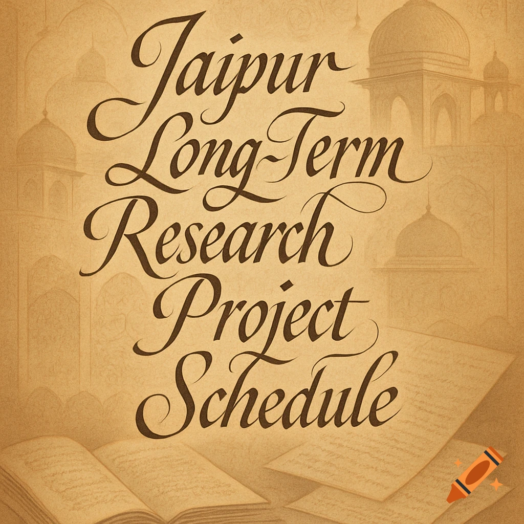 Cursive text on a textured brown background reads 'Jaipur Long-Term Research Project Schedule', with faint Indian architectural domes and open books visible.