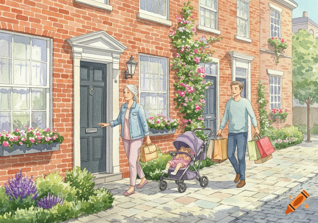A woman holds a door open for a man with a baby stroller and shopping bags on a brick street in watercolor style.