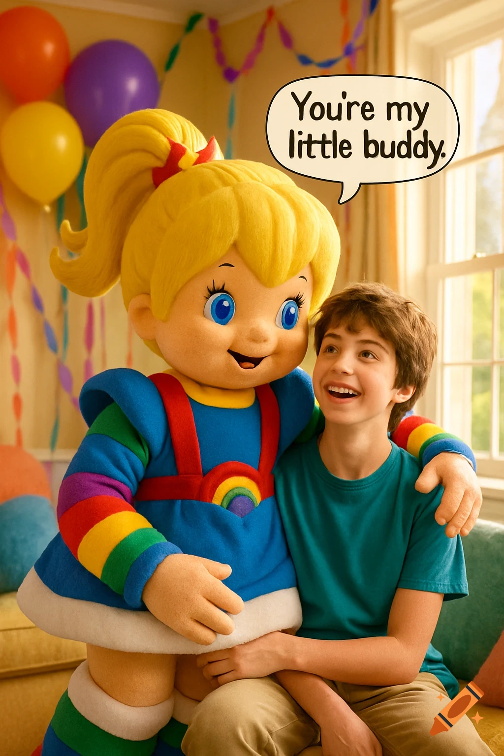 A boy sits on a Rainbow Brite mascot's lap in a festive room. A speech bubble says 'You're my little buddy'.