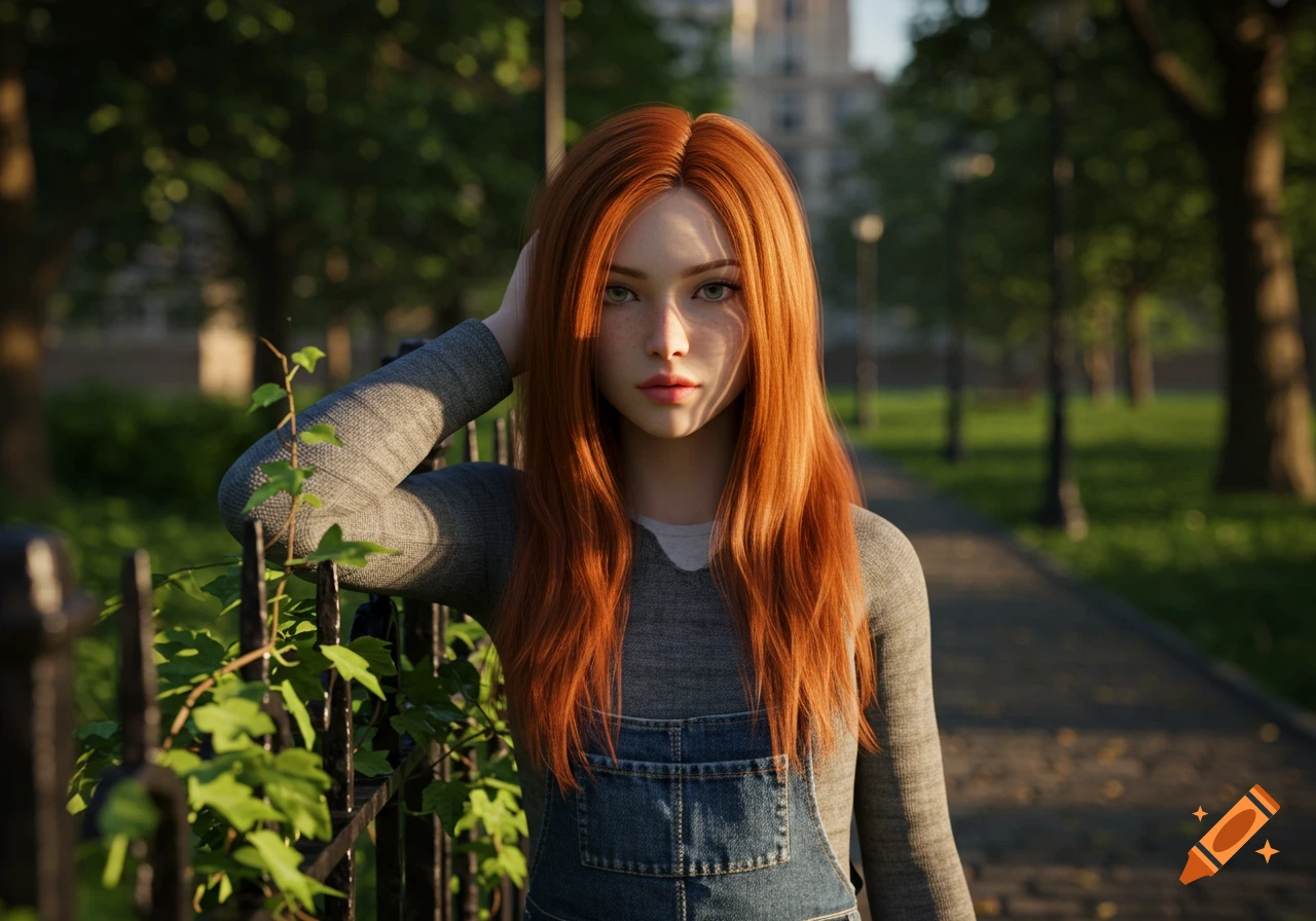 Red-headed girl in overalls and a long-sleeved shirt, leaning on a fence with ivy, in a sunlit park, photorealistic.