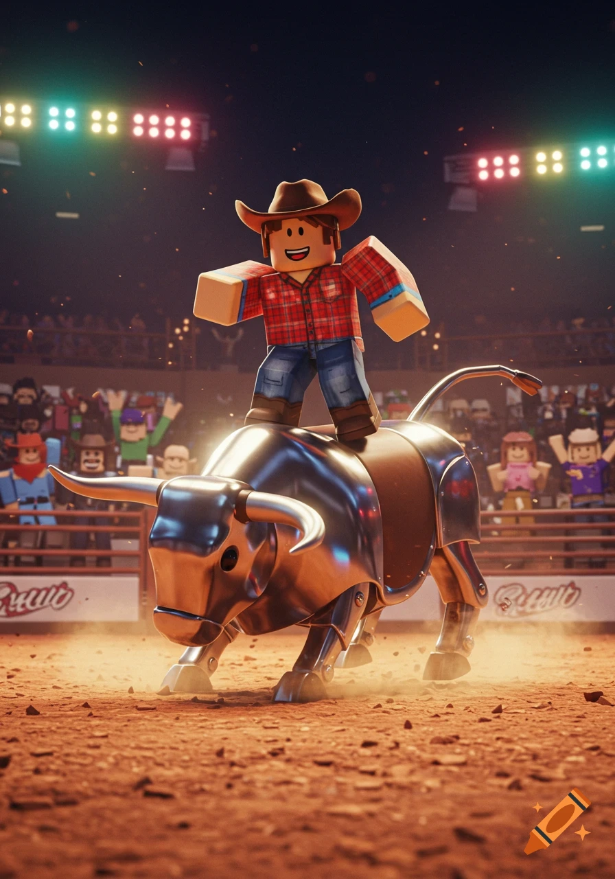 A Roblox character in a cowboy hat and plaid shirt rides a shiny silver mechanical bull in a dusty rodeo arena with spectators.