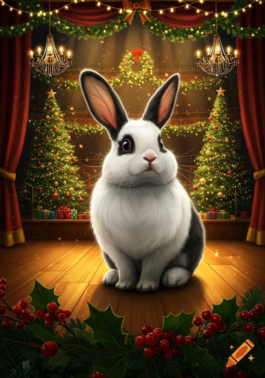 A fluffy black and white Dutch rabbit sits on a wooden floor, surrounded by festive Christmas trees, garlands, chandeliers, and holly.