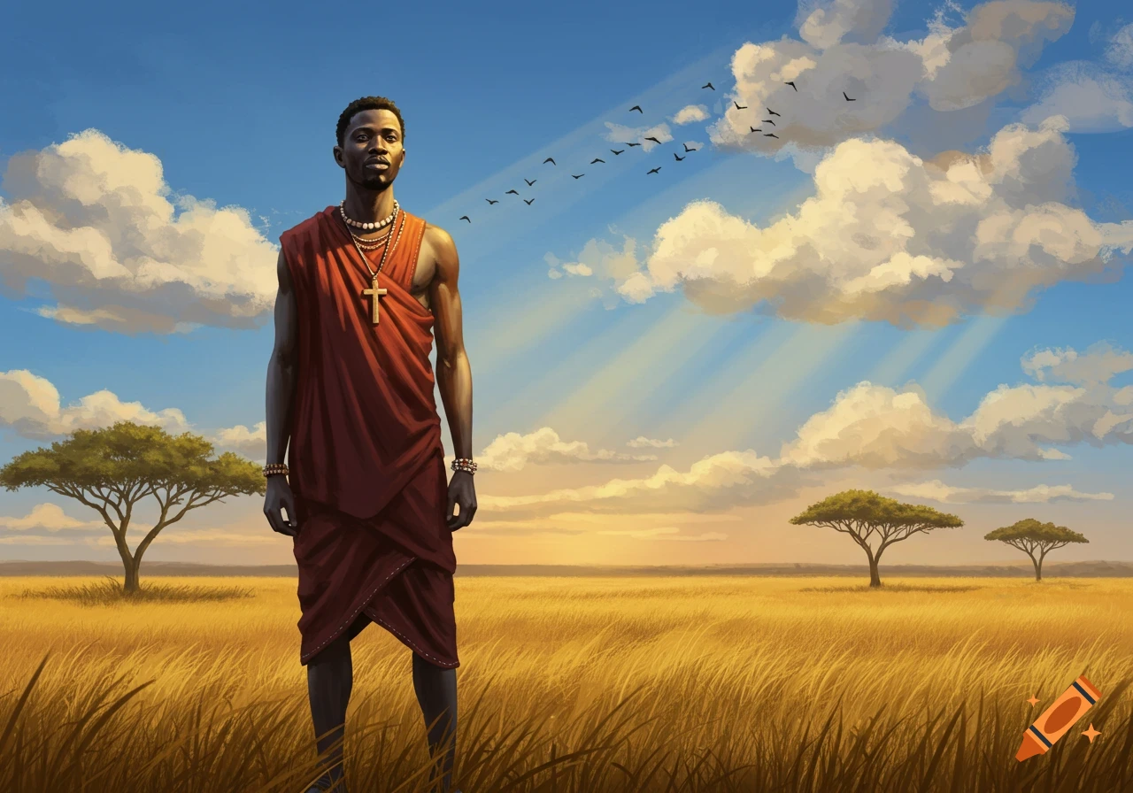 An illustrated Black man in red traditional garb with a cross necklace, standing in a golden savanna under a blue sky with sun rays and birds.