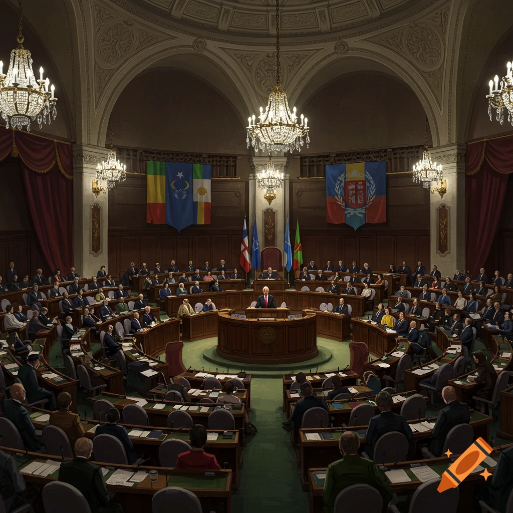 An ornate general assembly hall with a high domed ceiling, crystal chandeliers, and flags, filled with many individuals seated at wooden desks facing a central podium.
