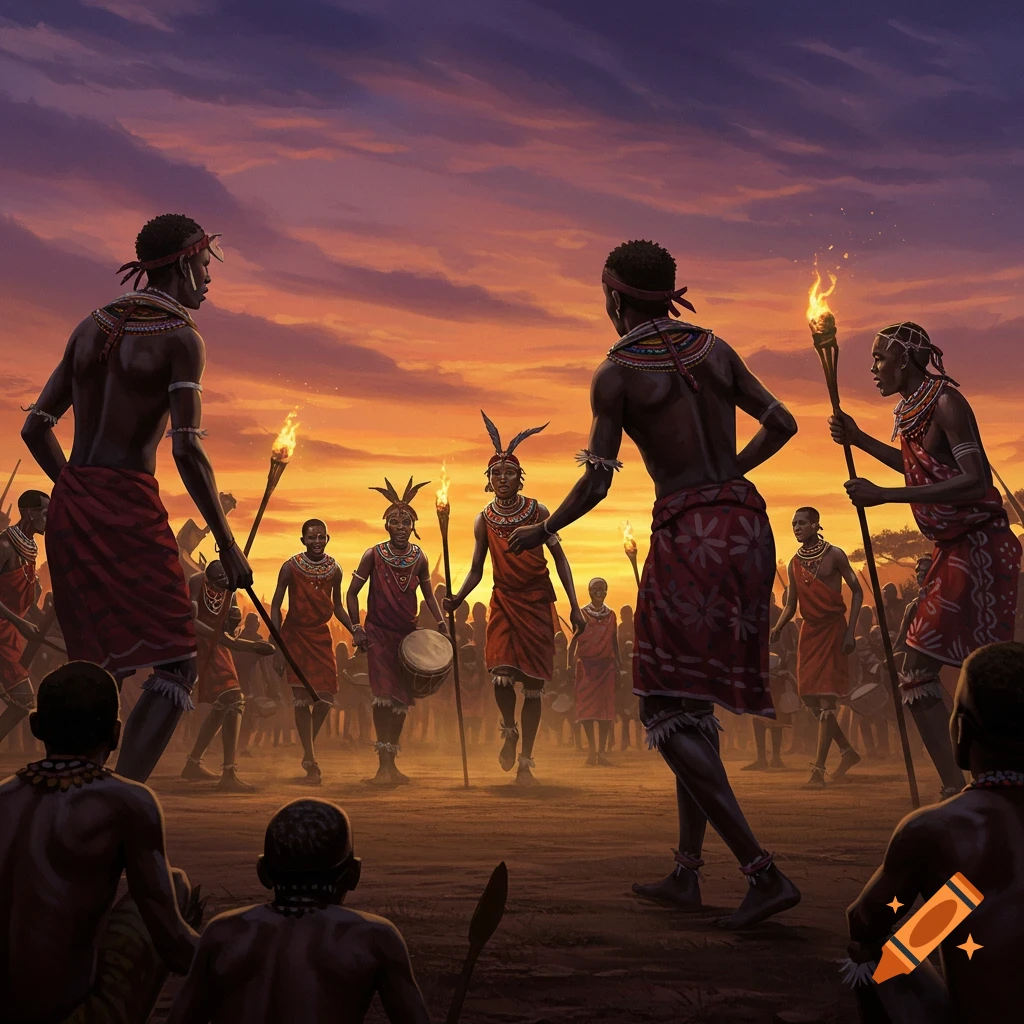 People in traditional attire gather in a cultural celebration at sunset, holding torches and a drum.