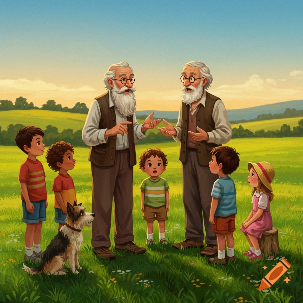 Two elderly men gesture while talking to five children and a dog in a vibrant green field under a clear sky, in an illustrative style.