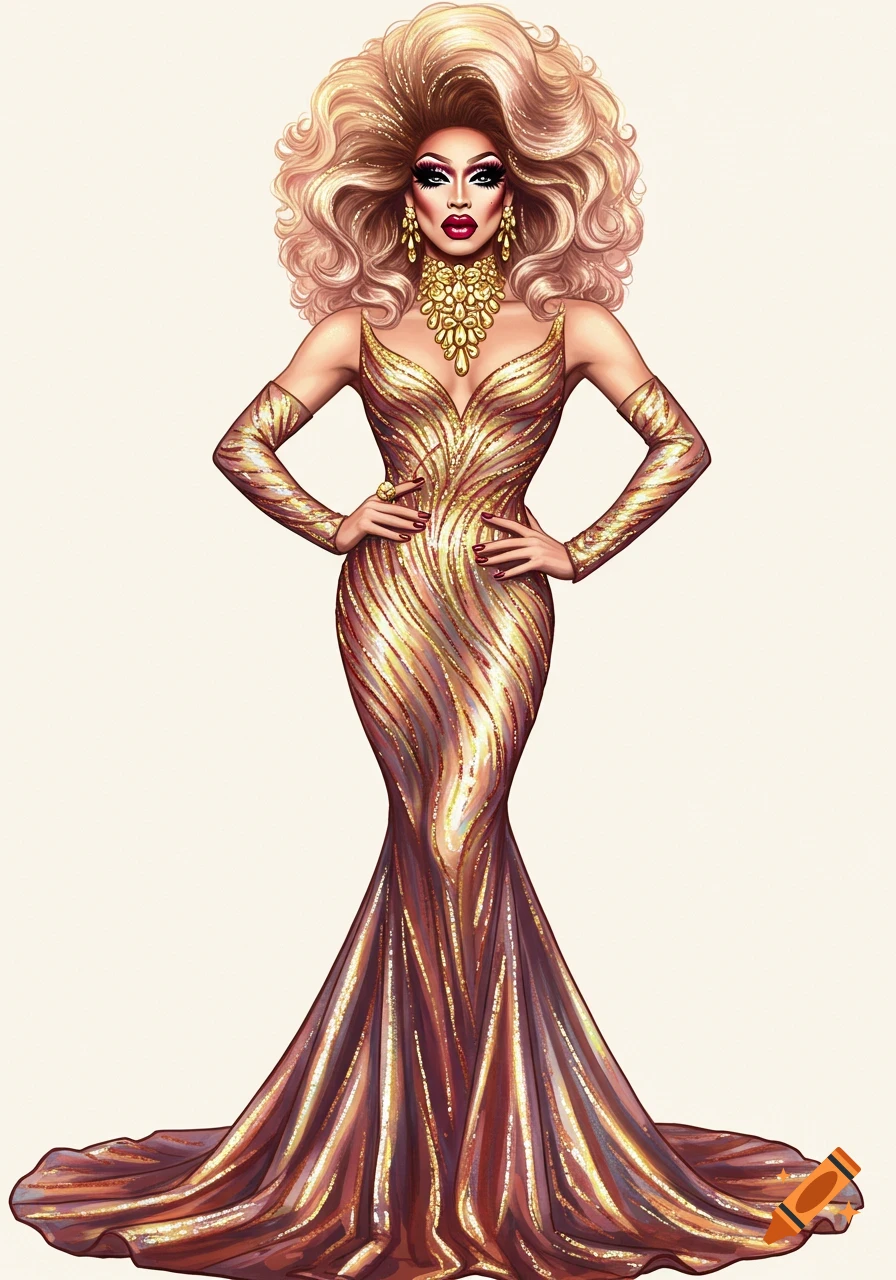 An illustration of a drag queen in a golden, shimmering gown with big blonde hair and dramatic makeup, posing against a plain background.