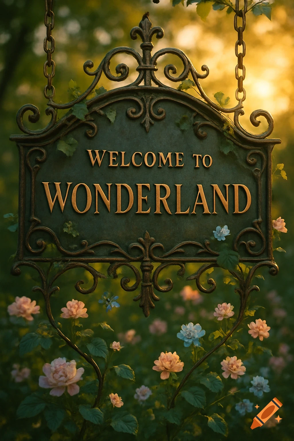 A decorative sign reading 'WELCOME TO WONDERLAND' amidst blooming flowers in an enchanted garden at sunset.