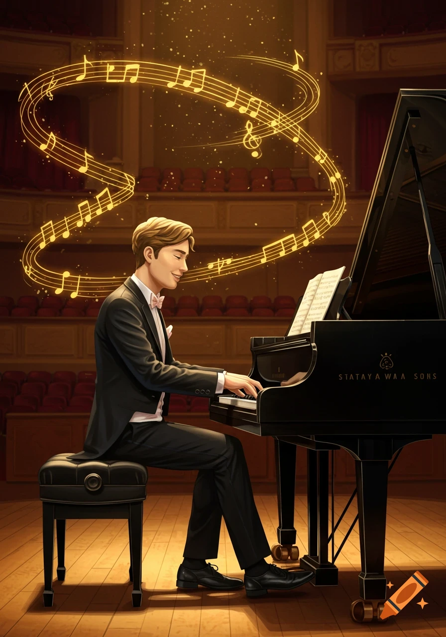 A man in a tuxedo plays a grand piano on stage, surrounded by glowing musical notes.
