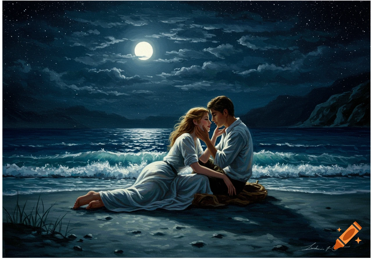Oil painting of two lovers in a tender embrace on a moonlit beach at night, whispering.
