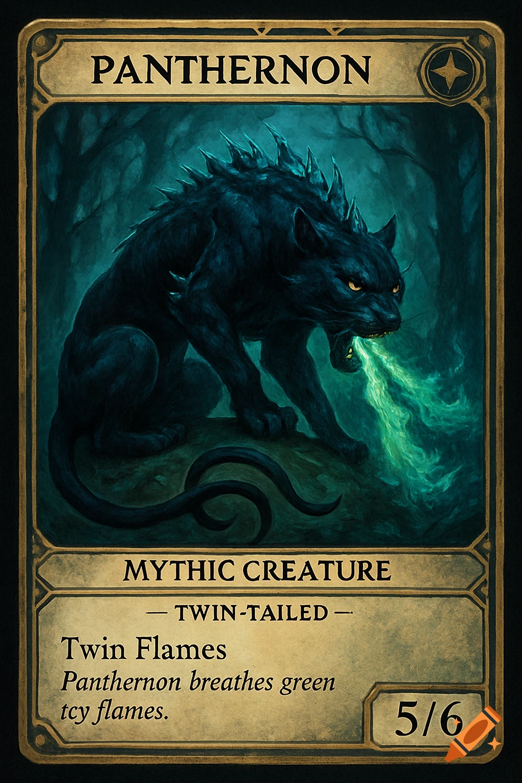 A fantasy trading card with a dark spiked panther-like creature with two tails breathing green flames in a dark forest.