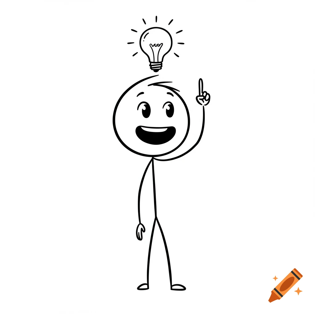 A simple black stick figure with a happy face and a light bulb above its head, pointing a finger up as if having an idea.