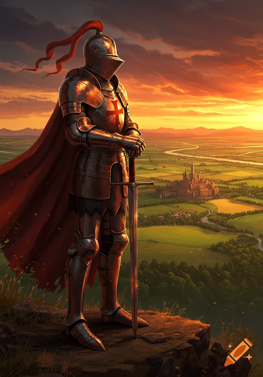 A knight in shining armor stands on a cliff overlooking a valley with a castle and river at sunset, in a detailed fantasy art style.