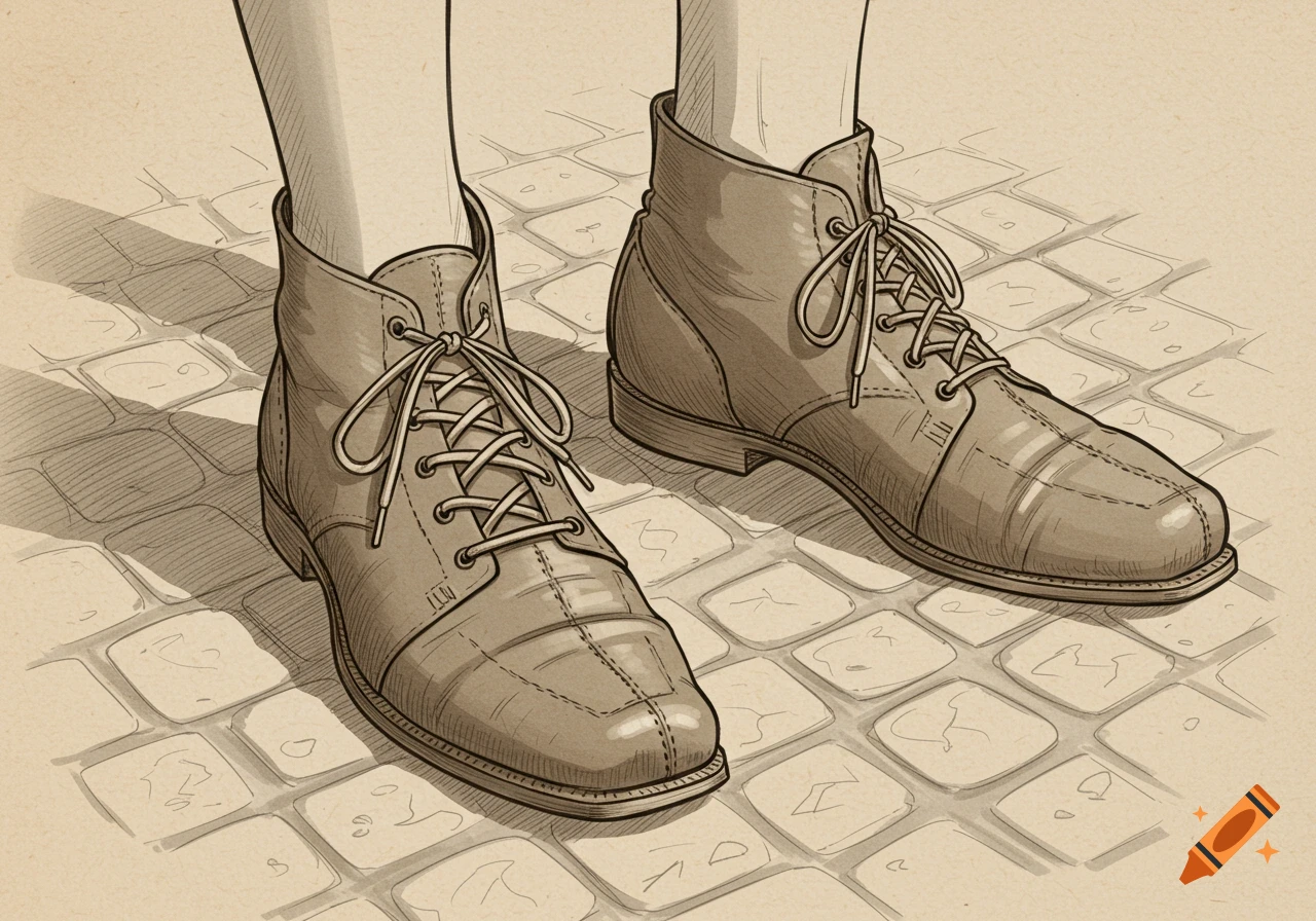 Detailed sketch illustration of two feet in brown medieval-style boots standing on cobblestone pavement.