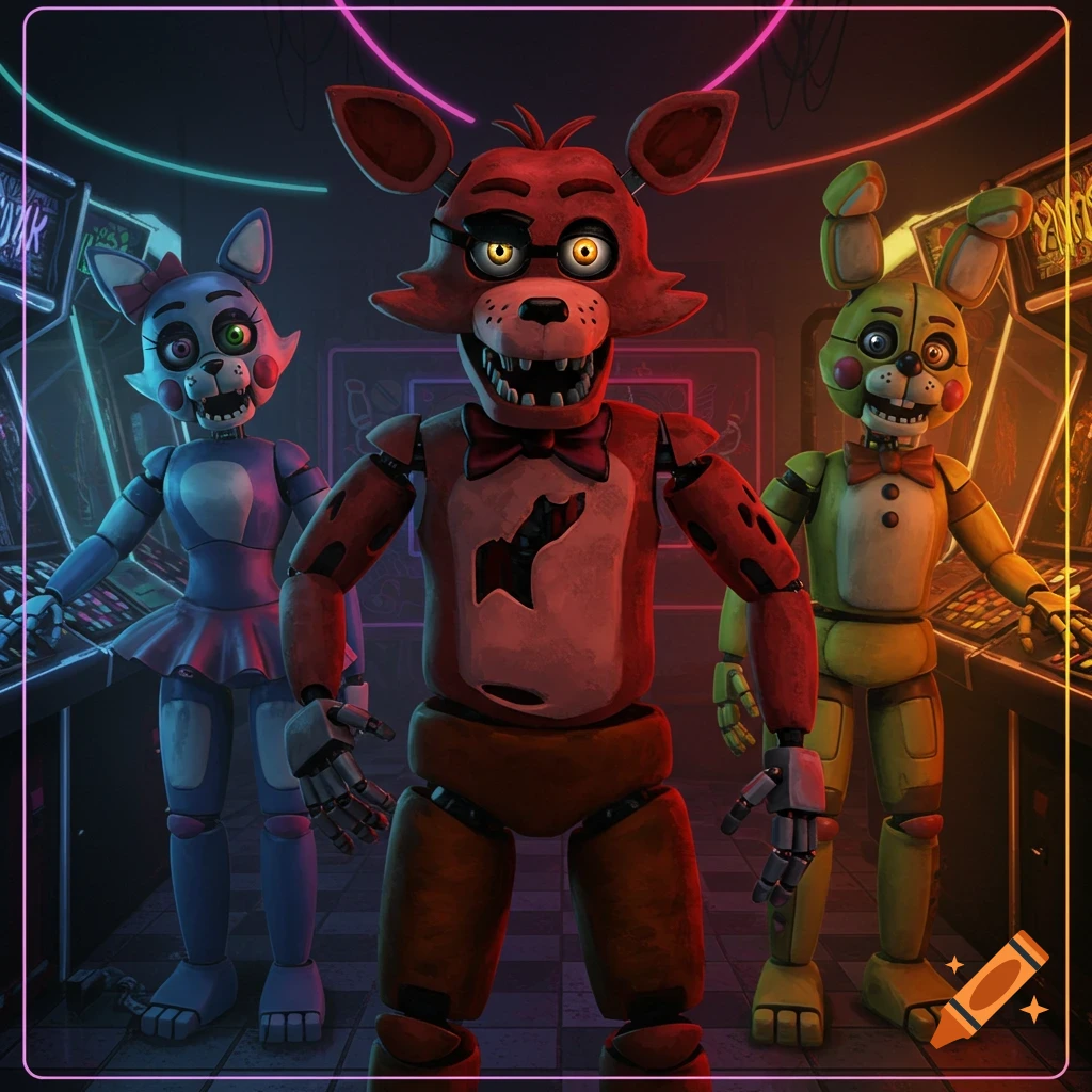 Three creepy animatronics—a red fox, blue cat, and yellow rabbit—stand in a neon-lit arcade.
