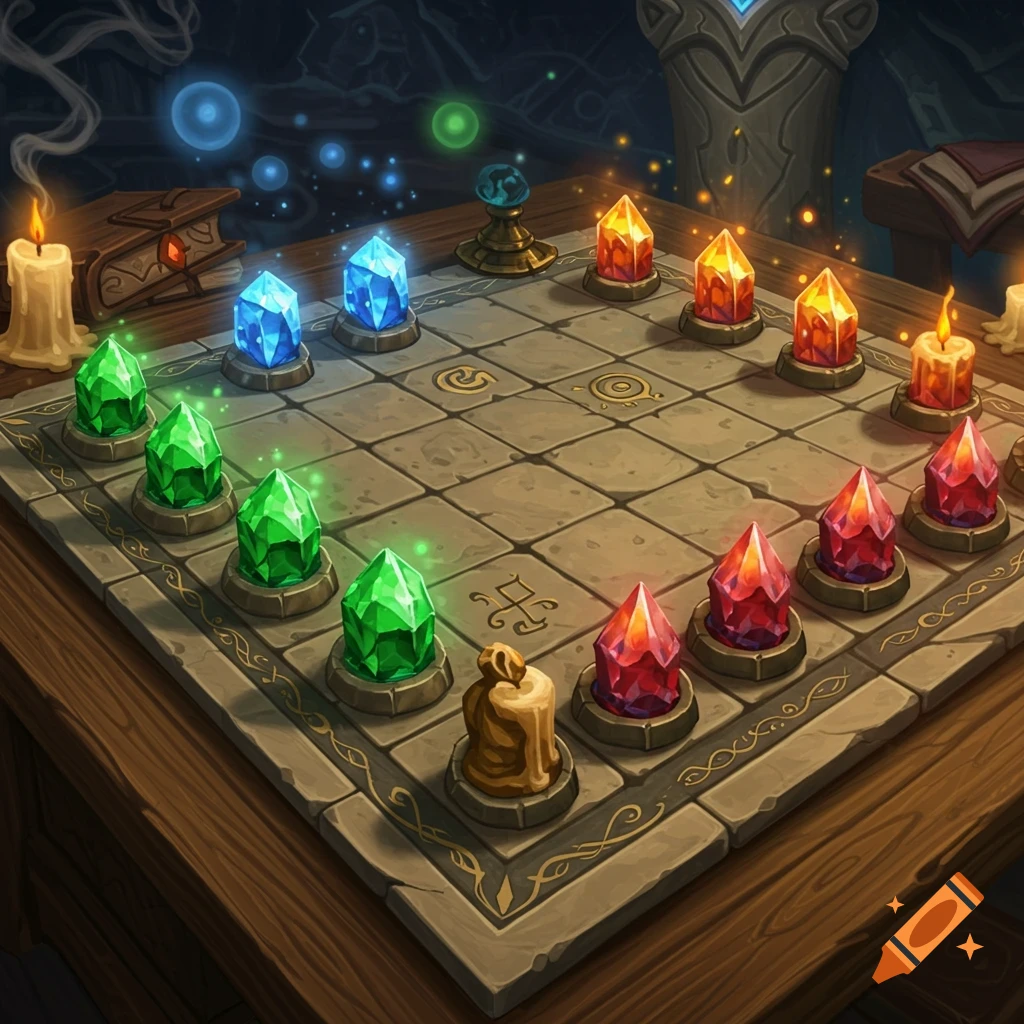 A fantasy board game features glowing green, blue, orange, and red crystal pieces on a stone board, with candles and books in the background.