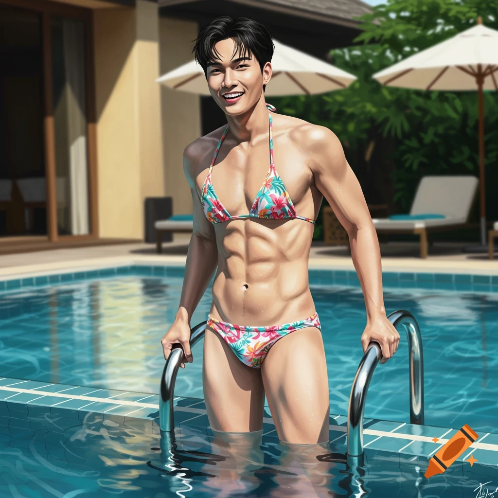 A muscular Thai man in a floral bikini smiles while standing in a swimming pool, holding the rails, in a digital art style.