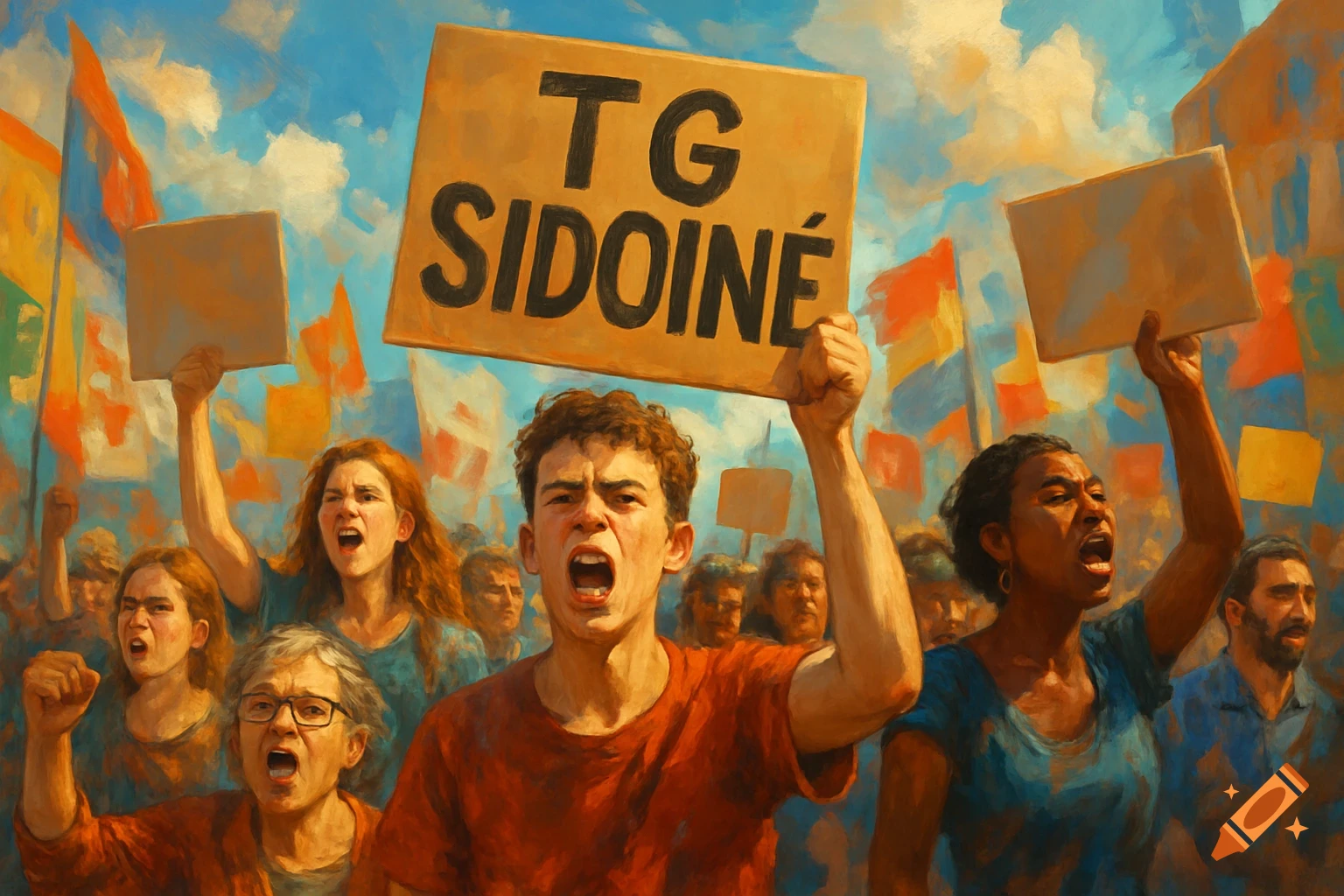 Painterly image of a diverse crowd protesting, shouting with fists and signs raised. One sign reads 'TG SIDONÉ'.