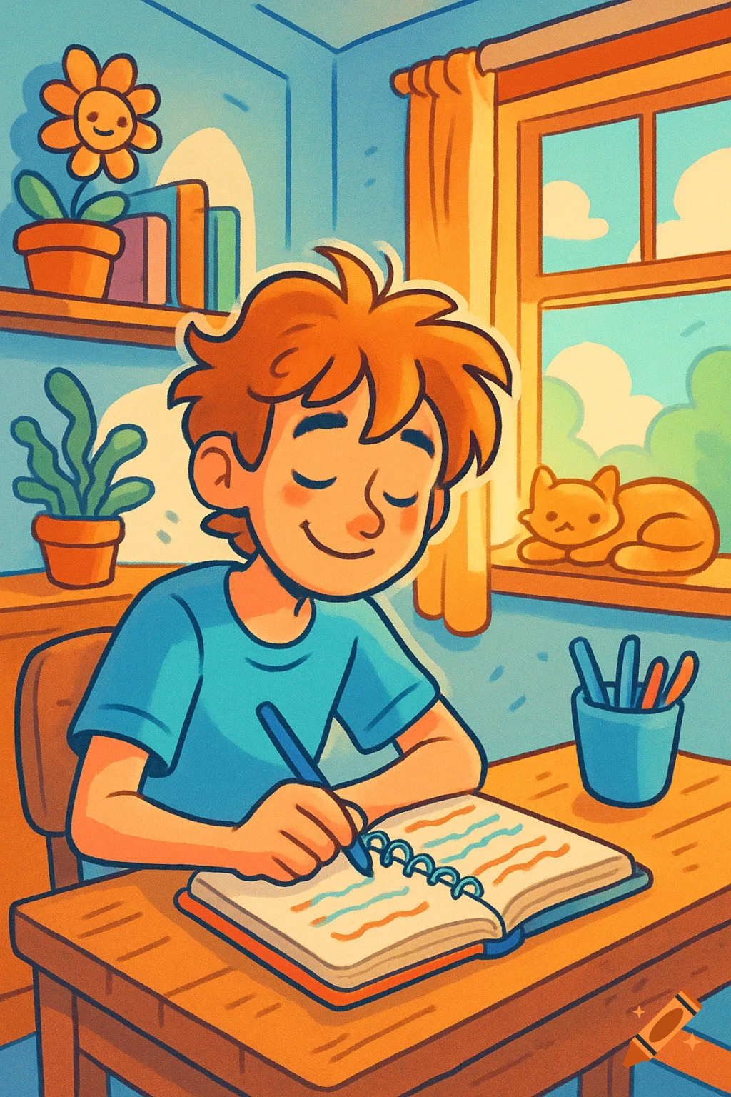 A smiling cartoon boy with red hair writes in a notebook at a desk, with a cat resting on the windowsill nearby.