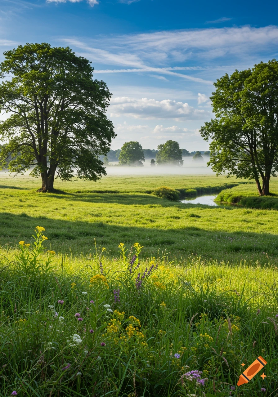 Vibrant green meadow with tall trees, a winding stream, and colorful wildflowers under a blue sky with soft clouds.