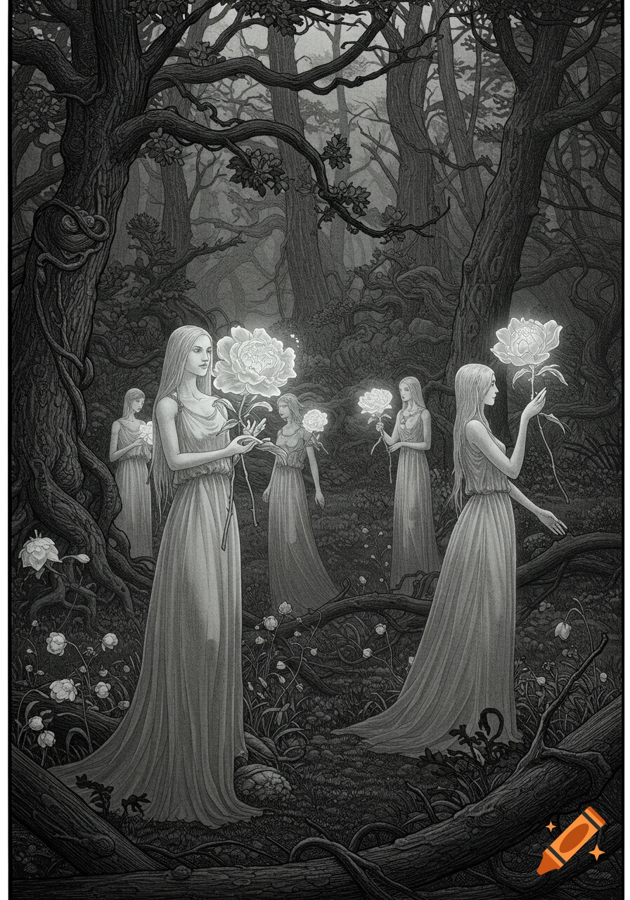 A black and white illustration in Gustave Dor nbsp;style shows five ethereal women in a dark forest, holding glowing white flowers.