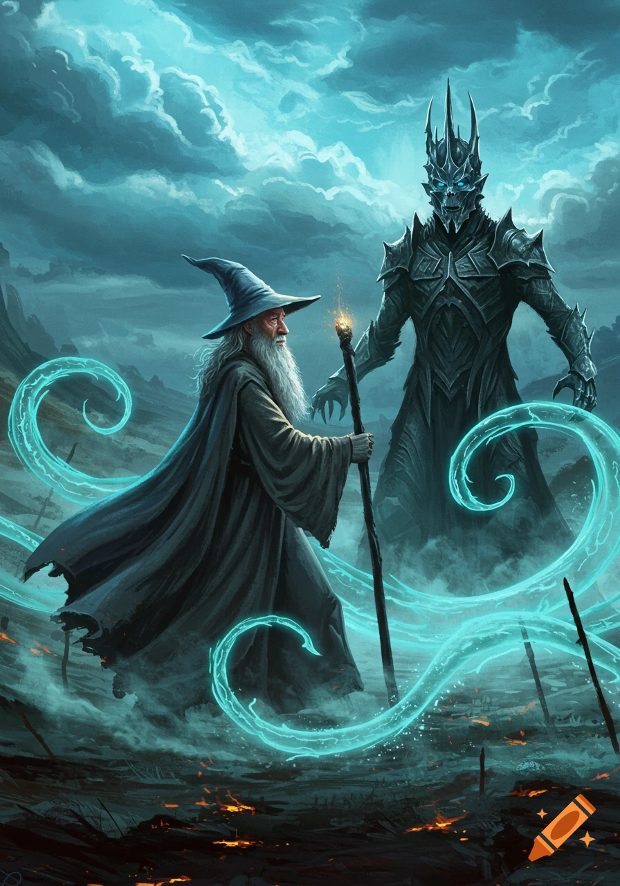 Gandalf, a wizard with a glowing staff, confronts the armored Witch King amidst swirling blue magic on a desolate, fiery battlefield.