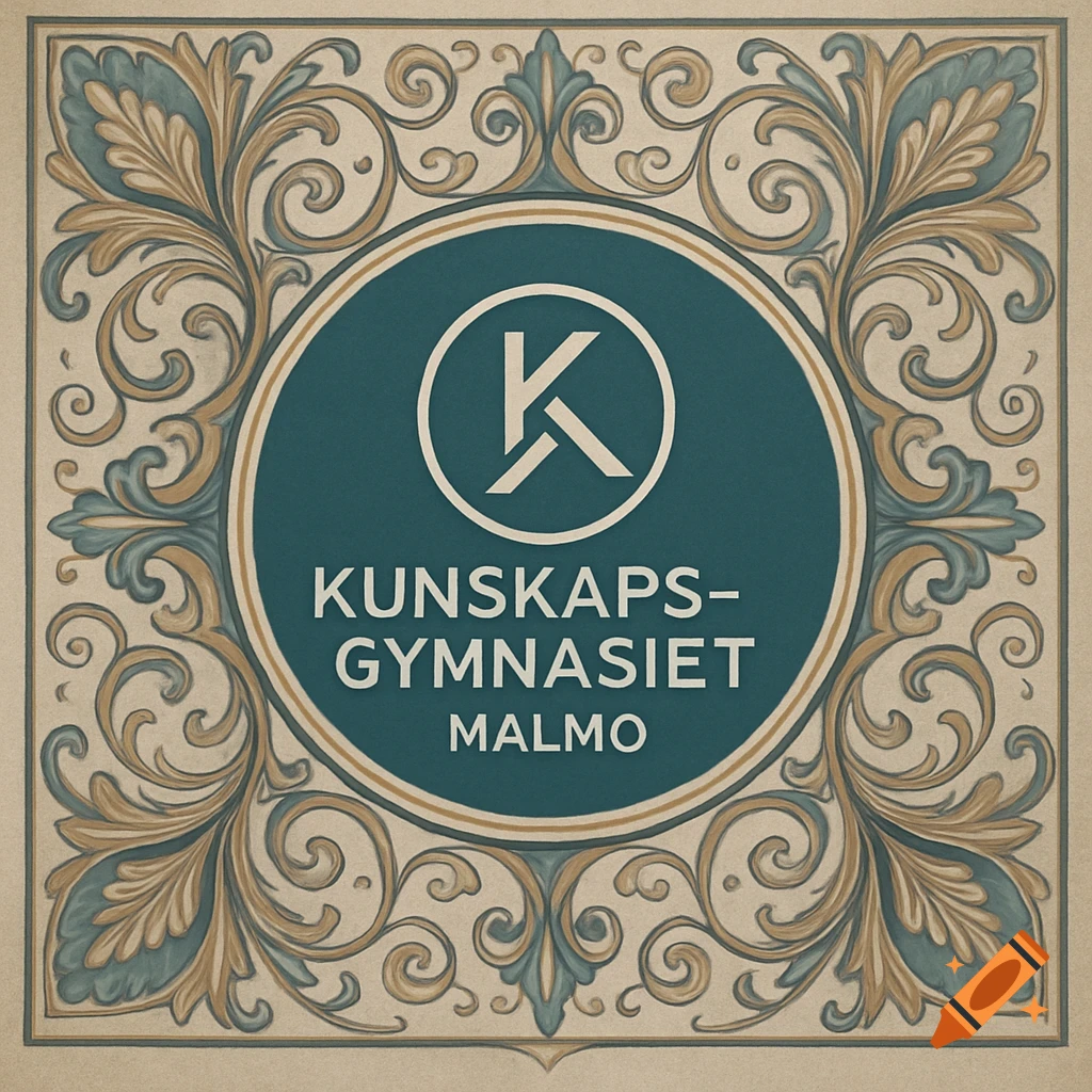 Ornate square emblem with blue-green and gold scrollwork, framing a dark teal circle with a white 'K' and 'KUNSKAPS-GYMNASIET MALMO' text.